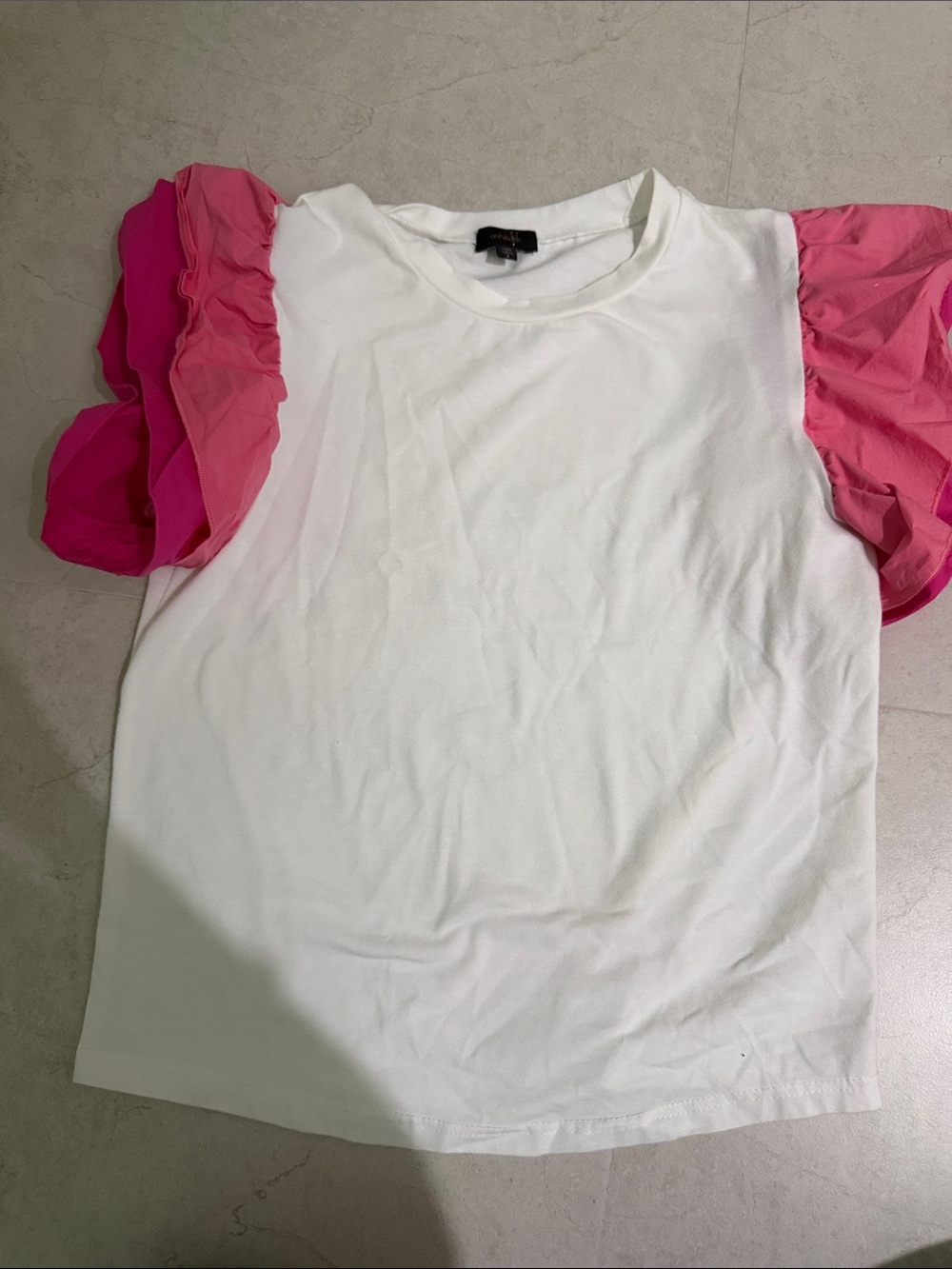 White Crewneck Tee with Pink Layered Ruffle Sleeves